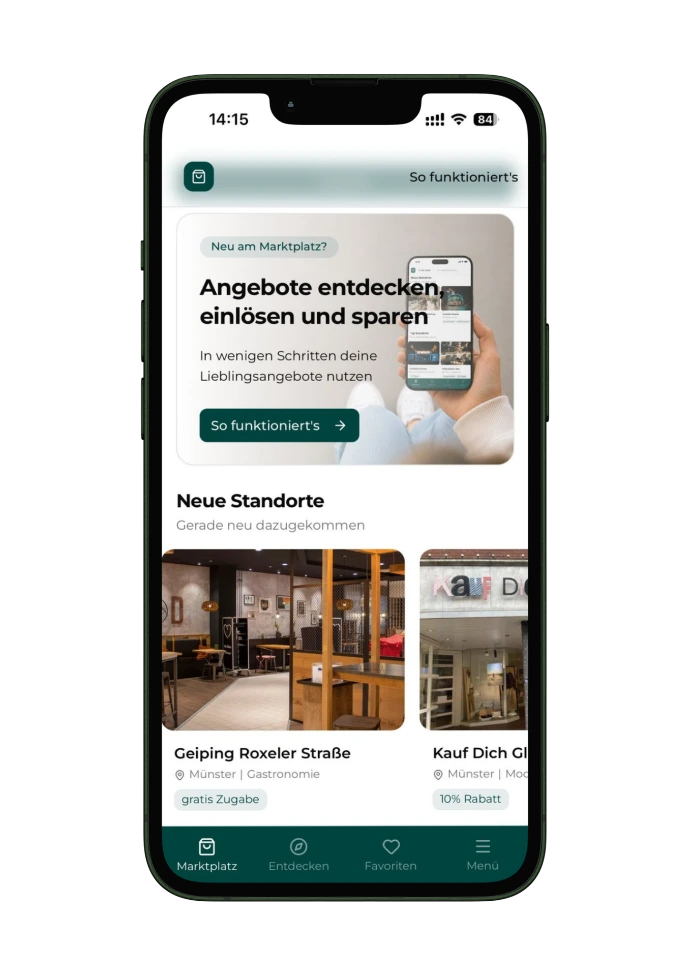 Das Bild zeigt ein Samrtphone mit dem chäd Marktplatz